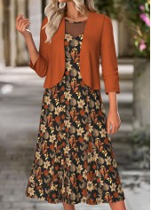 Floral Print Tummy Coverage Terracotta Dress and Cardigan