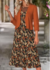 Floral Print Tummy Coverage Terracotta Dress and Cardigan
