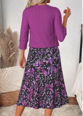 Floral Print Tummy Coverage Purple Dress and Cardigan