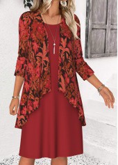 Leaf Print Tummy Coverage Red Dress and Cardigan