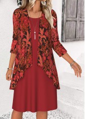 Leaf Print Tummy Coverage Red Dress and Cardigan