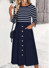 Striped Tummy Coverage Navy 3/4 Sleeve Round Neck Dress