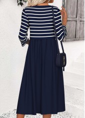 Striped Tummy Coverage Navy 3/4 Sleeve Round Neck Dress