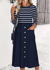 Striped Tummy Coverage Navy 3/4 Sleeve Round Neck Dress