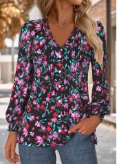 Floral Print Frill Multi Color Long Sleeve Blouse