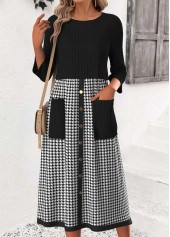 Plaid Tummy Coverage Black 3/4 Sleeve Round Neck Dress
