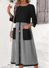 Plaid Tummy Coverage Black 3/4 Sleeve Round Neck Dress