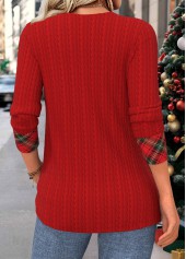 Plaid Patchwork Deep Red Long Sleeve T Shirt
