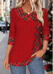 Plaid Patchwork Deep Red Long Sleeve T Shirt