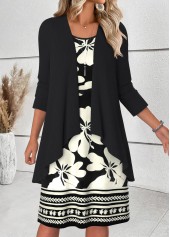 Floral Print Tummy Coverage Black Dress and Cardigan