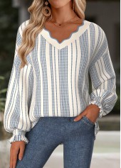 Striped Tummy Coverage Beige Long Sleeve V Neck Sweatshirt