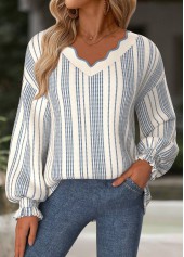 Striped Tummy Coverage Beige Long Sleeve V Neck Sweatshirt