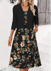 Floral Print Tummy Coverage Black Long Sleeve Dress