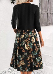 Floral Print Tummy Coverage Black Long Sleeve Dress