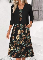Floral Print Tummy Coverage Black Long Sleeve Dress