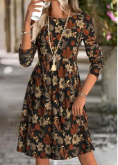 Leaf Print Tummy Coverage Multi Color Long Sleeve Dress