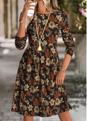Leaf Print Tummy Coverage Multi Color Long Sleeve Dress