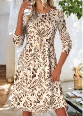 Leaf Print Tummy Coverage Beige Long Sleeve Dress