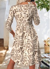 Leaf Print Tummy Coverage Beige Long Sleeve Dress