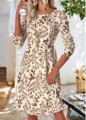 Leaf Print Tummy Coverage Beige Long Sleeve Dress