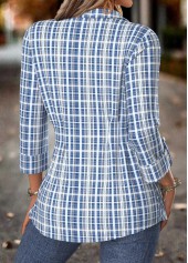 Plaid Tummy Control Blue Long Sleeve Shirt Collar Blouse