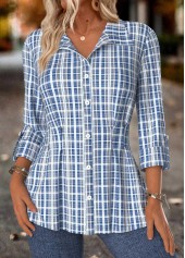Plaid Tummy Control Blue Long Sleeve Shirt Collar Blouse