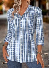 Plaid Tummy Control Blue Long Sleeve Shirt Collar Blouse