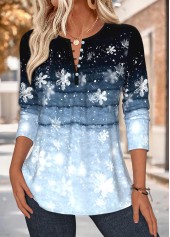 Snowflake Print Tuck Stitch Blue Long Sleeve Blouse