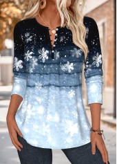 Snowflake Print Tuck Stitch Blue Long Sleeve Blouse