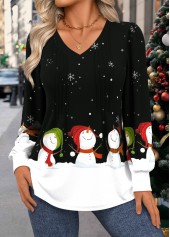 Snowman Print Tuck Stitch Black Long Sleeve T Shirt