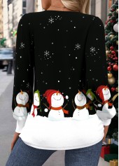 Snowman Print Tuck Stitch Black Long Sleeve T Shirt