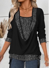 Tummy Coverage Black Long Sleeve Draped Neck T Shirt