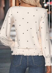 Heart Print Smocked Beige Long Sleeve T Shirt