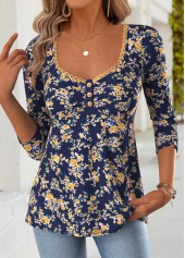 Floral Print Tummy Coverage Navy Long Sleeve T Shirt