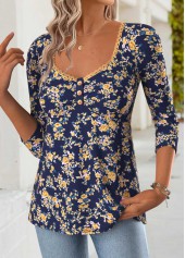 Floral Print Tummy Coverage Navy Long Sleeve T Shirt