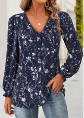 Floral Print Frill Navy Long Sleeve V Neck Blouse