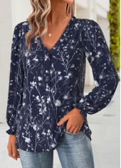 Floral Print Frill Navy Long Sleeve V Neck Blouse