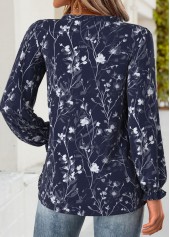Floral Print Frill Navy Long Sleeve V Neck Blouse