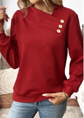 Button Wine Red Long Sleeve Asymmetrical Neck Sweatshirt