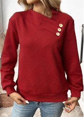 Button Wine Red Long Sleeve Asymmetrical Neck Sweatshirt