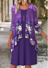 Floral Print Tummy Coverage Purple Dress and Cardigan