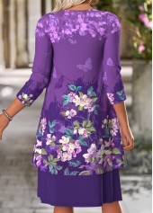 Floral Print Tummy Coverage Purple Dress and Cardigan