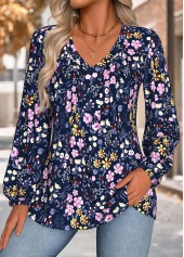 Floral Print Tummy Coverage Navy Long Sleeve Blouse