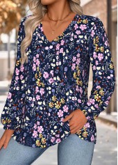 Floral Print Tummy Coverage Navy Long Sleeve Blouse