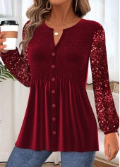 Peplum Wine Red Long Sleeve Split Neck Blouse