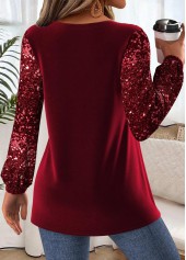 Peplum Wine Red Long Sleeve Split Neck Blouse