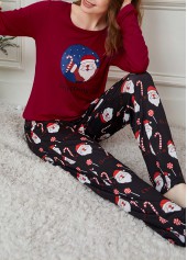 Christmas Wine Red Round Neck Lounge Top and Pants