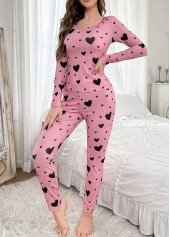 Heart Print Pink Round Neck Lounge Top and Pants