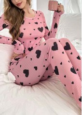 Heart Print Pink Round Neck Lounge Top and Pants