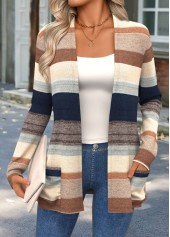 Striped Curved Hem Multi Color Long Sleeve Knit Cardigan